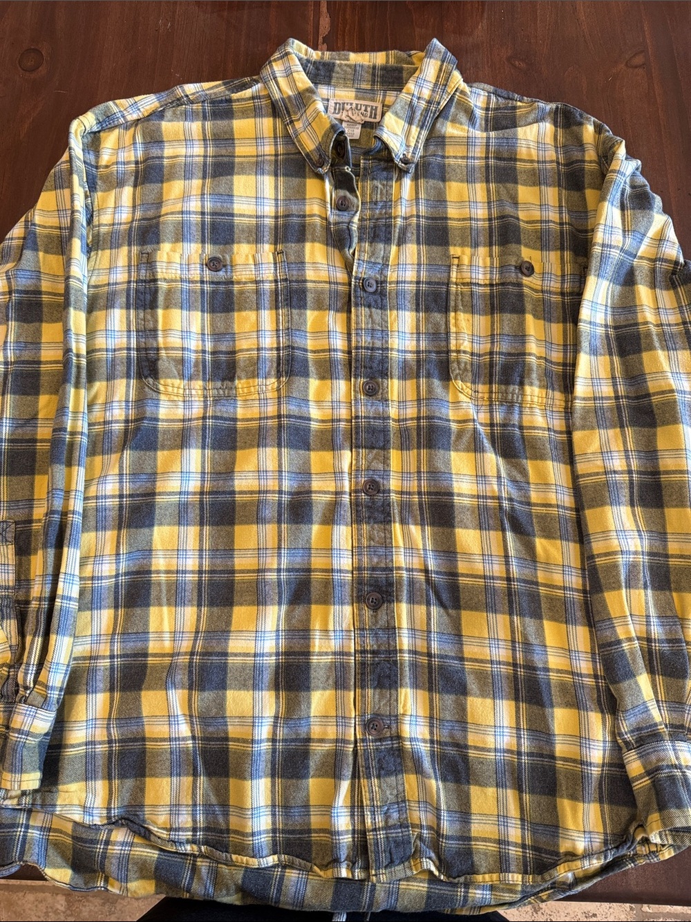 Duluth Trading Co Yellow and Blue Plaid Button-Down Shirt